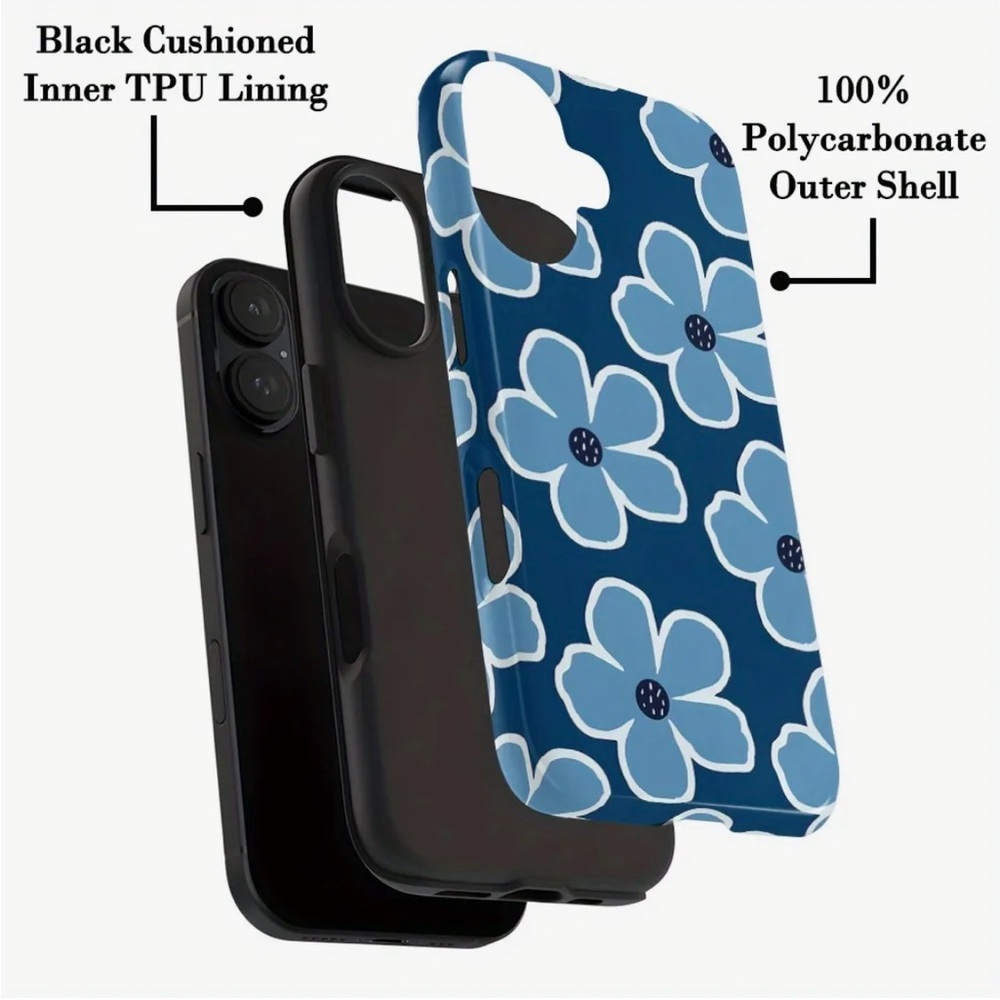iPhone 16 PRO Phone Case TPU Layered Case Blue Flowers Drop Proof Durable - Picture 3 of 6